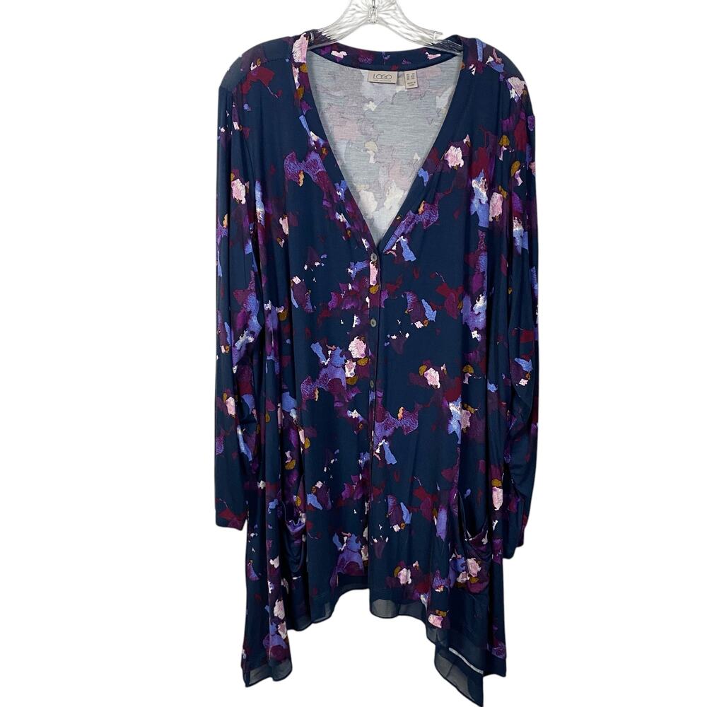 LOGO LORI GOLDSTEIN Cardigan 3X V-Neck Abstract Print Button Down Artsy Top